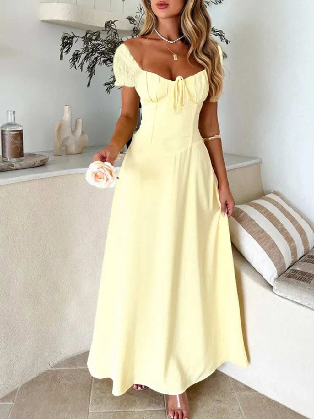 Devine Sweetheart Neck Short Sleeve Maxi Dress - Trendsi - Flyclothing LLC