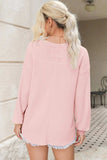 Waffle-Knit V-Neck Long Sleeve Top - Trendsi - Flyclothing LLC
