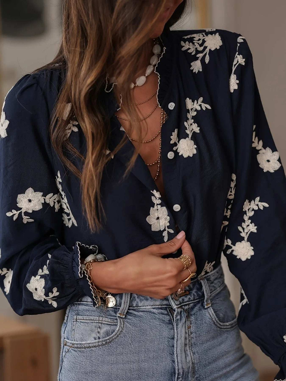 Flower Button Up Long Sleeve Shirt - Trendsi - Flyclothing LLC