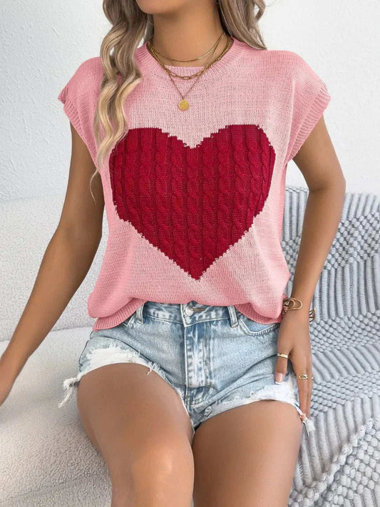 Cable Knit Heart Round Neck Cap Sleeve Knit Top - Trendsi - Flyclothing LLC