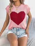 Cable Knit Heart Round Neck Cap Sleeve Knit Top - Trendsi - Flyclothing LLC