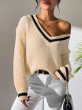 Contrast Trim V-Neck Long Sleeve Sweater - Trendsi - Flyclothing LLC