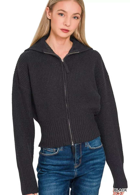 Zenana Ribbed Collared Zip Up Sweater Cardigan - Trendsi - Flyclothing LLC
