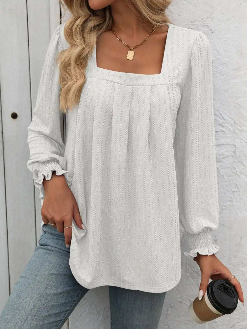 Square Neck Long Sleeve Top - Trendsi - Flyclothing LLC