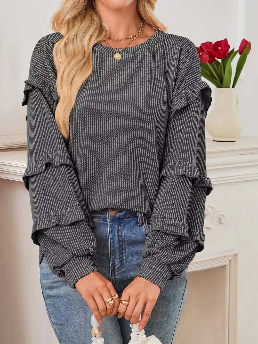 Round Neck Ruffled Long Sleeve Sweatshirt - Trendsi - Flyclothing LLC