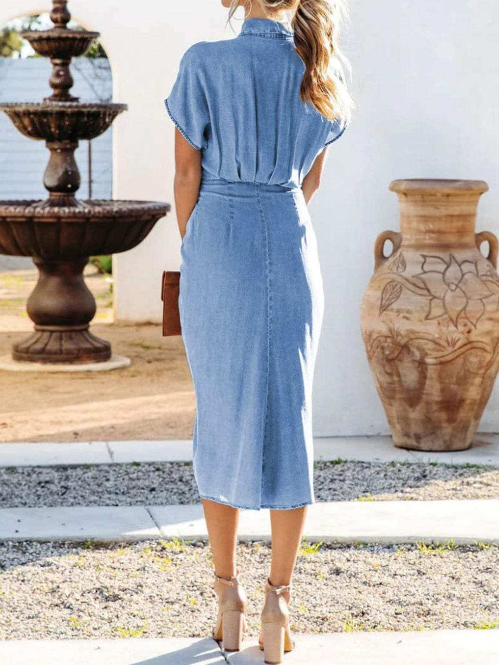Tied Button Up Short Sleeve Denim Dress - Trendsi - Flyclothing LLC