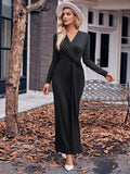 Slit Twisted Surplice Long Sleeve Dress - Trendsi - Flyclothing LLC