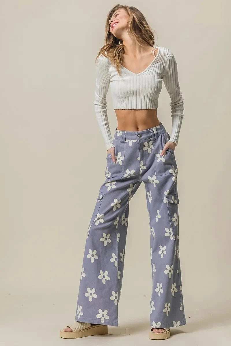 BiBi Flower Printed Side Pocket Wide Pants - Trendsi - Flyclothing LLC