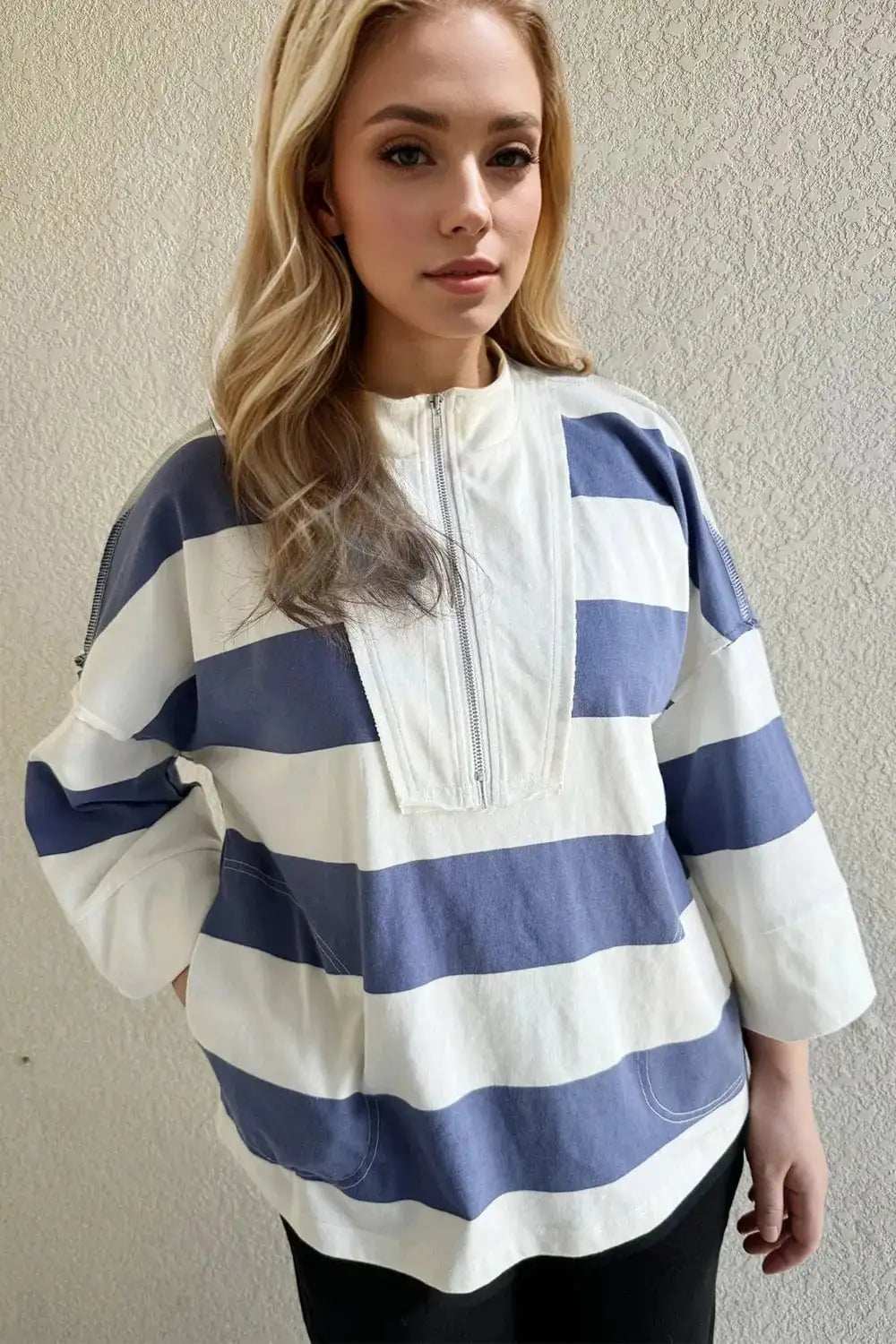 Oh Pima Cotton Wash Striped Half Zip Mock Neck Long Sleeve Top - Trendsi - Flyclothing LLC