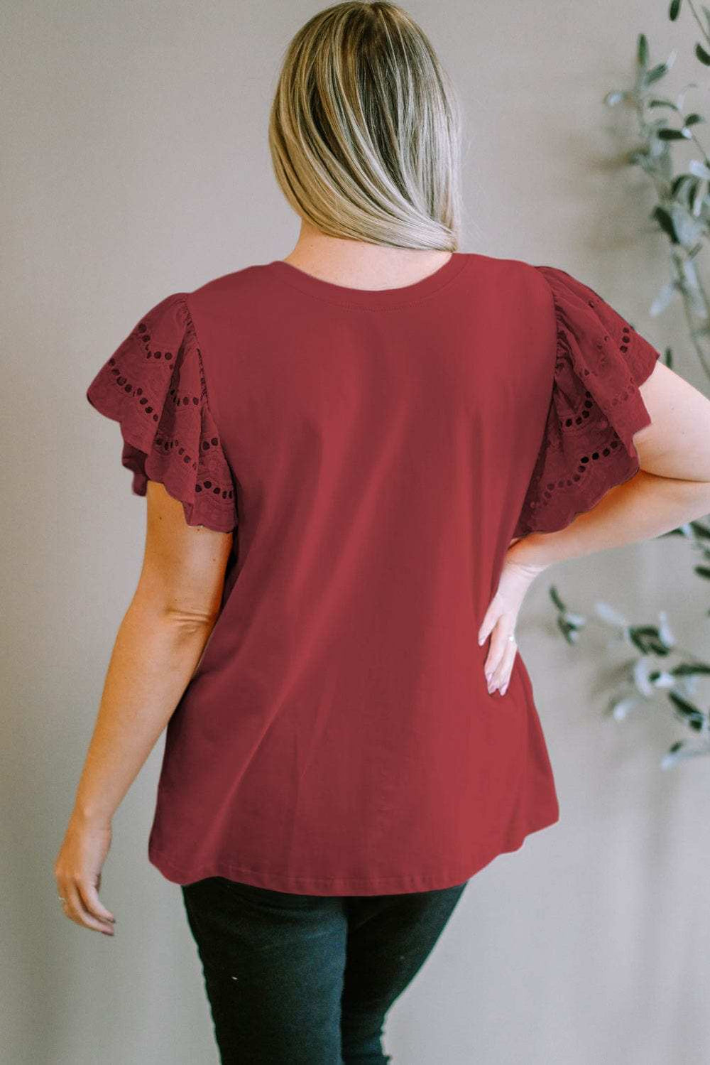 Plus Size Eyelet Round Neck Short Sleeve Blouse - Trendsi - Flyclothing LLC