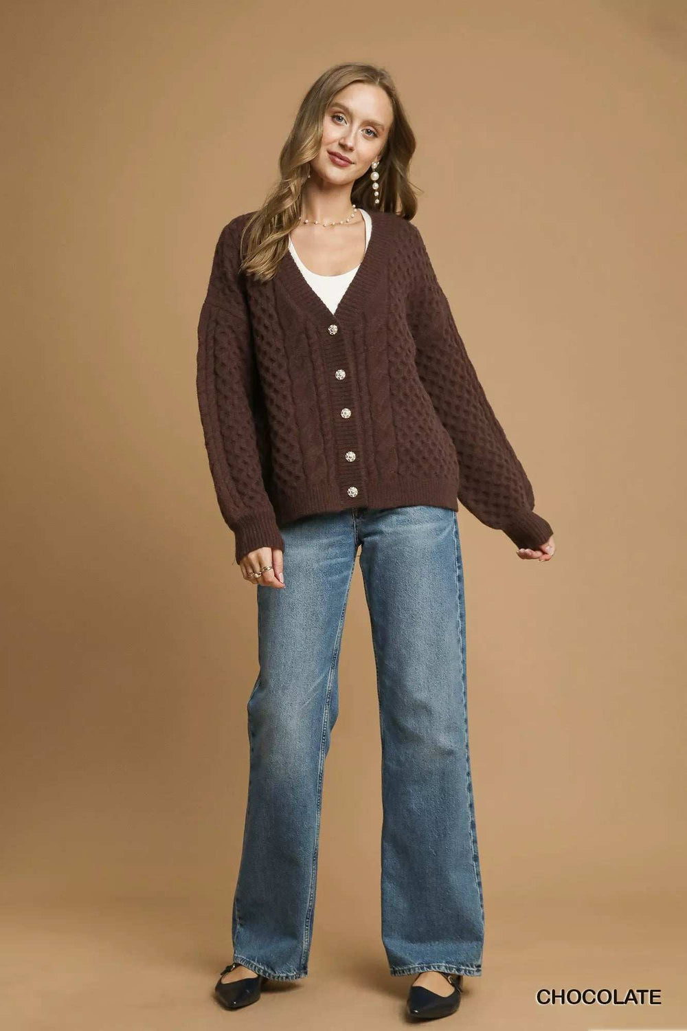 Umgee Cable Knit Pearl Button Cardigan - Trendsi - Flyclothing LLC