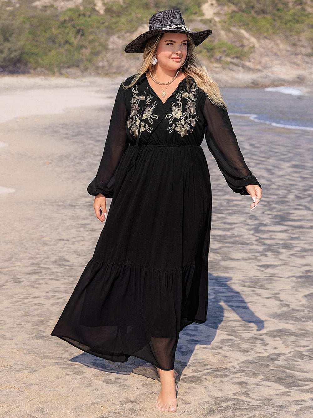 Plus Size Embroidered Tie Neck Long Sleeve Dress - Trendsi - Flyclothing LLC