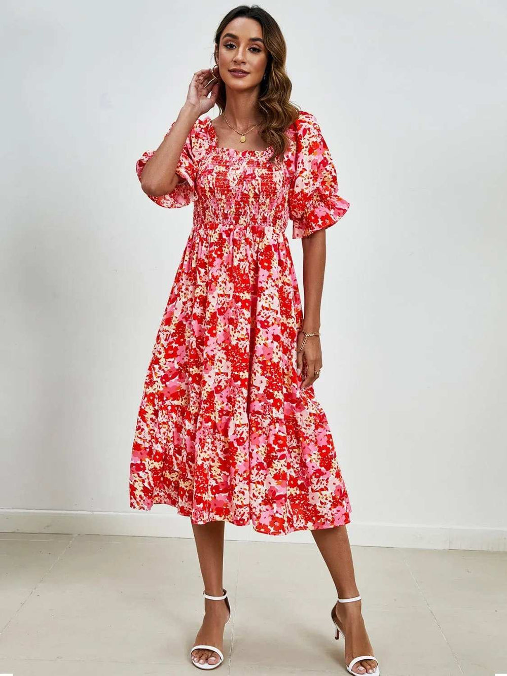 Smocked Floral Square Neck Short Sleeve Dress - Trendsi - Flyclothing LLC