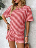 Striped Round Neck Short Sleeve Top and Shorts Set - Trendsi - Flyclothing LLC