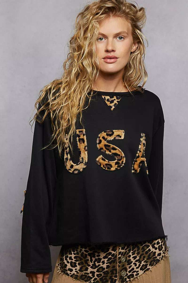 POL Round Neck Long Sleeve French Terry Sweatshirt with USA Letter Animal Patch - Trendsi - Flyclothing LLC