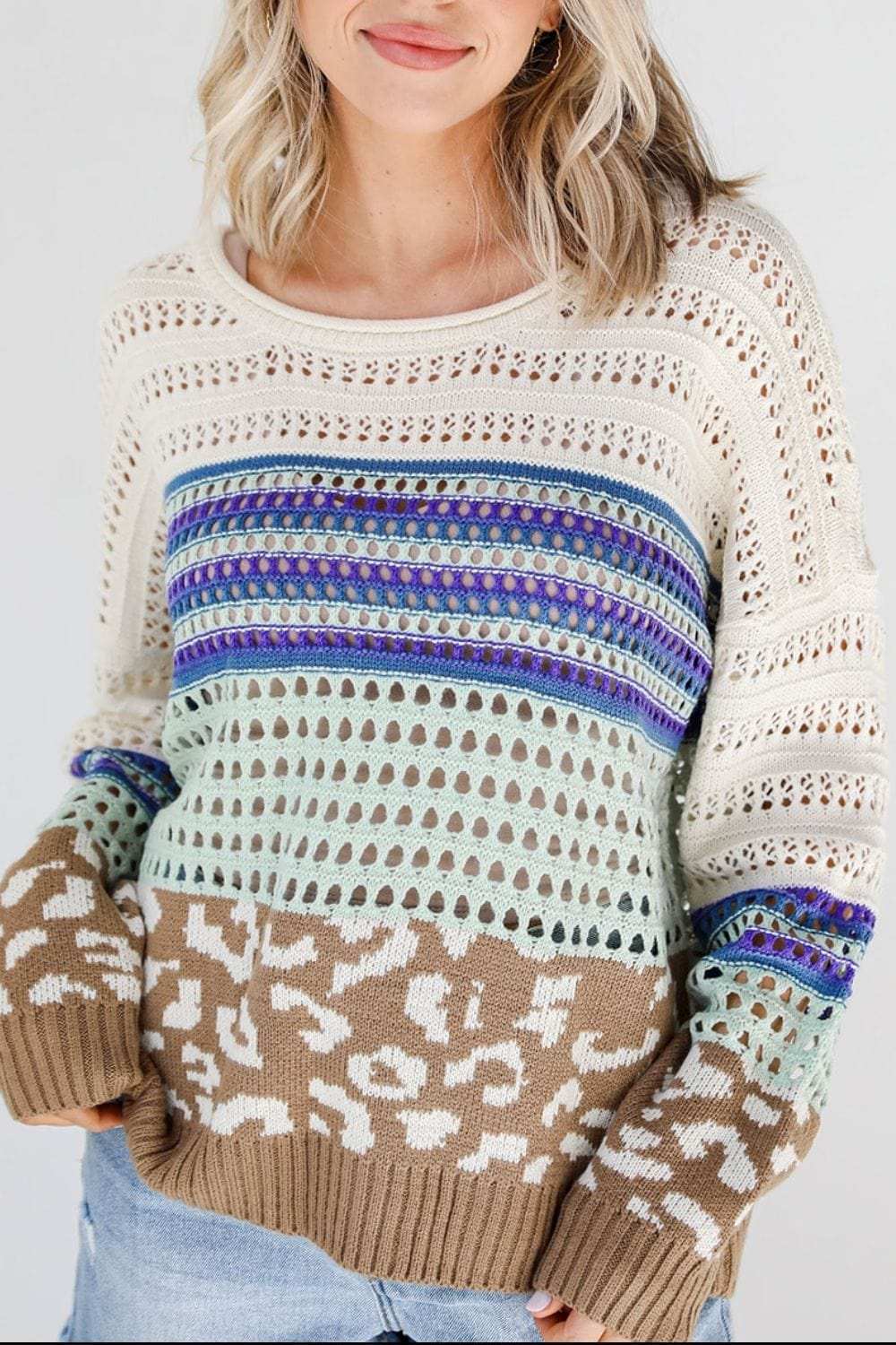 Leopard Striped Round Neck Crochet Knit Top - Trendsi - Flyclothing LLC