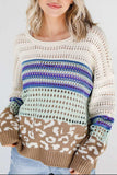 Leopard Striped Round Neck Crochet Knit Top - Trendsi - Flyclothing LLC