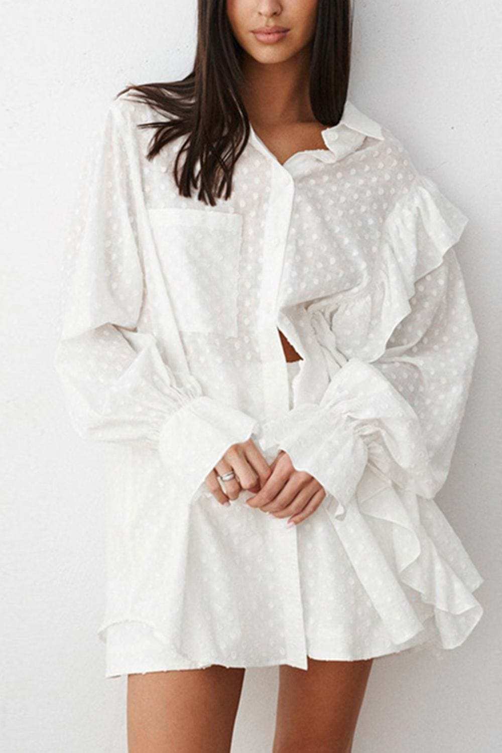 Ruffled Dot Applique Collared Neck Top and Shorts Set - Trendsi - Flyclothing LLC