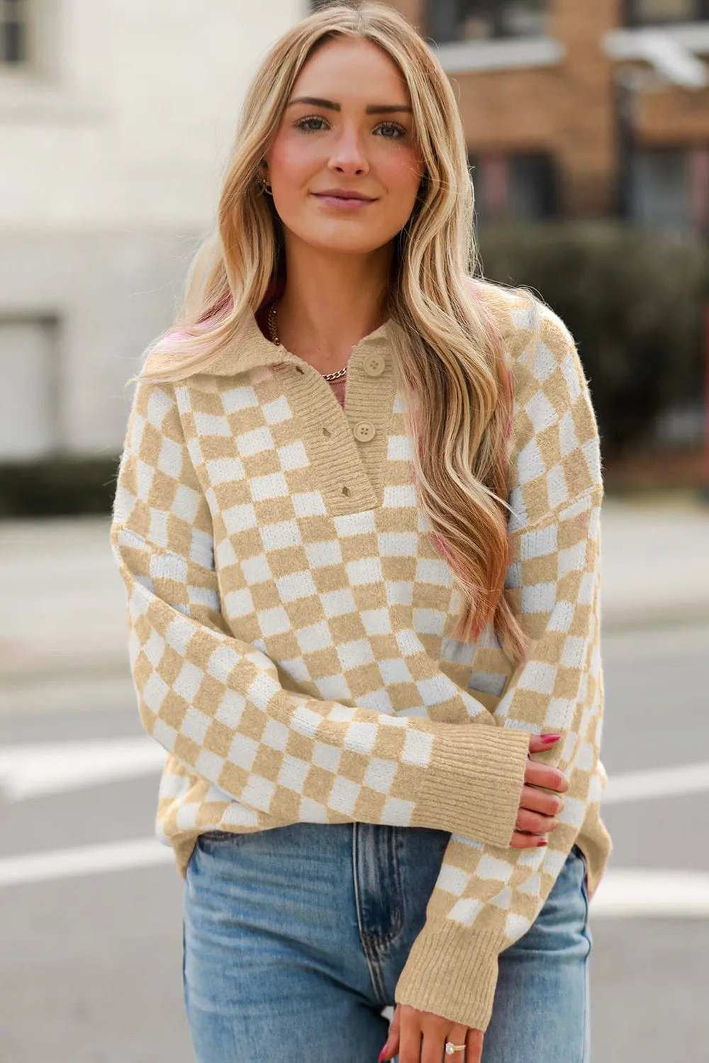 Checkered Collared Neck Long Sleeve Sweater - Trendsi - Flyclothing LLC