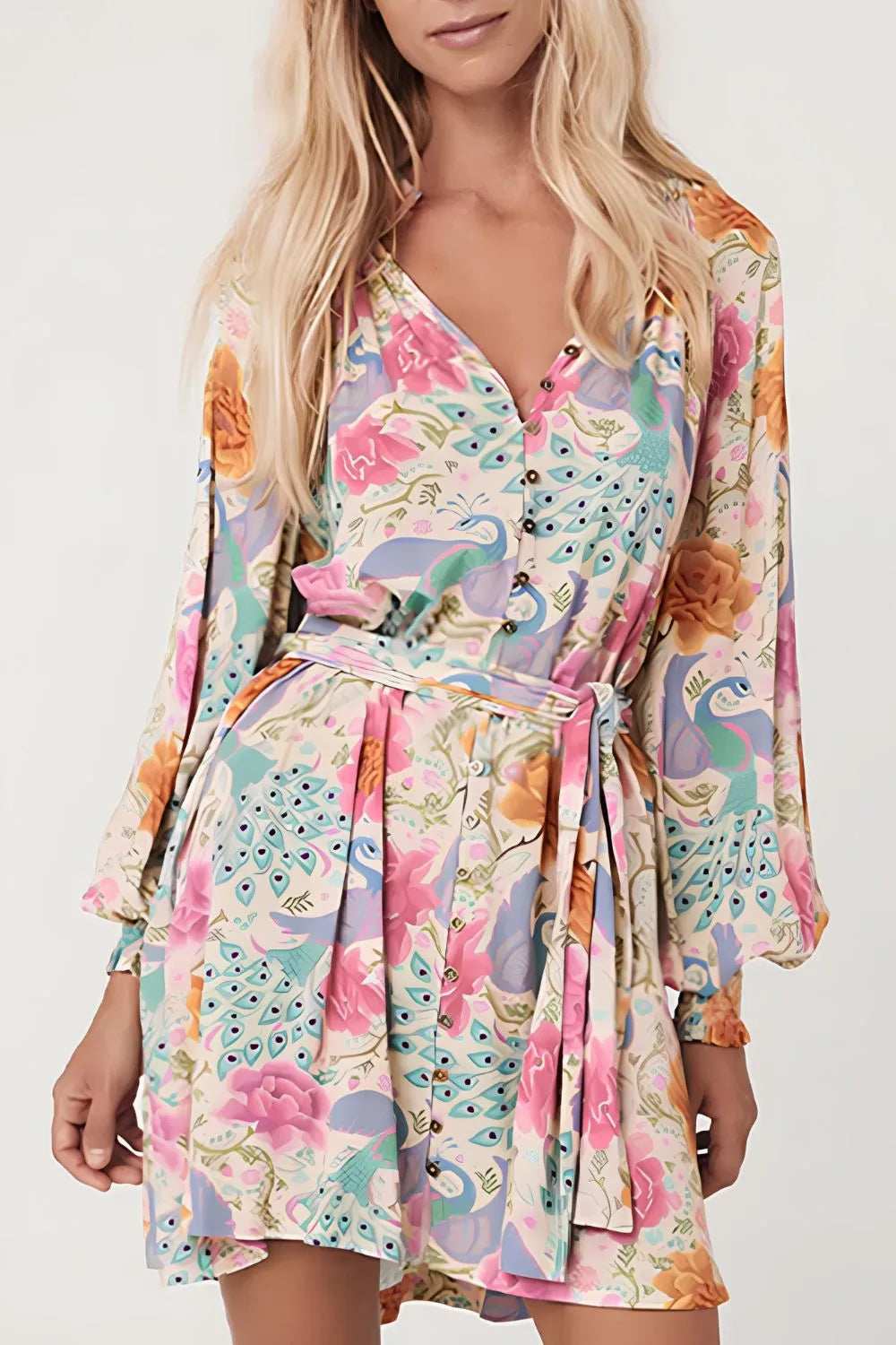 Printed Notched Lantern Sleeve Dress - Trendsi - Flyclothing LLC