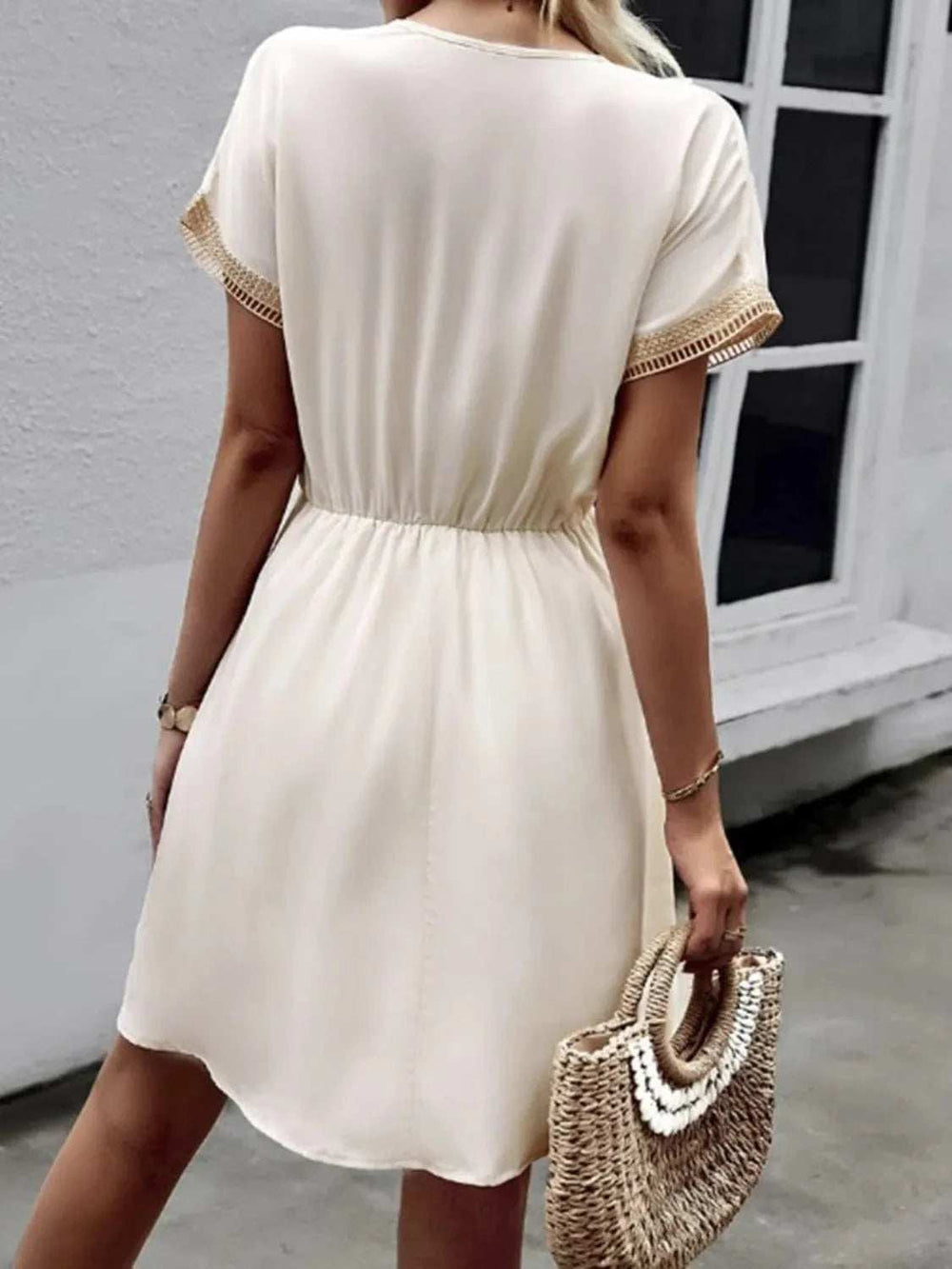 Full Size Tassel V-Neck Short Sleeve Dress Plus Size - Trendsi - Flyclothing LLC