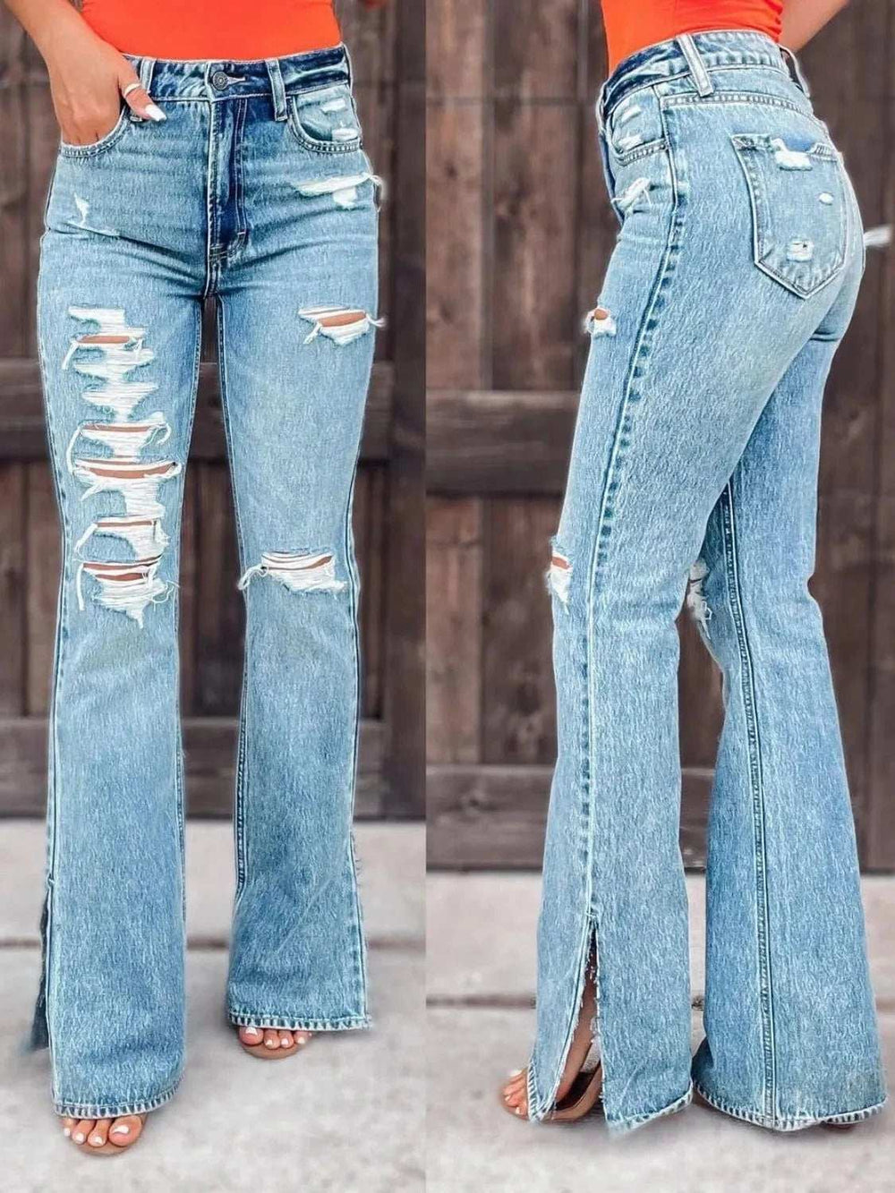 Distressed Slit Bootcut Jeans - Trendsi - Flyclothing LLC