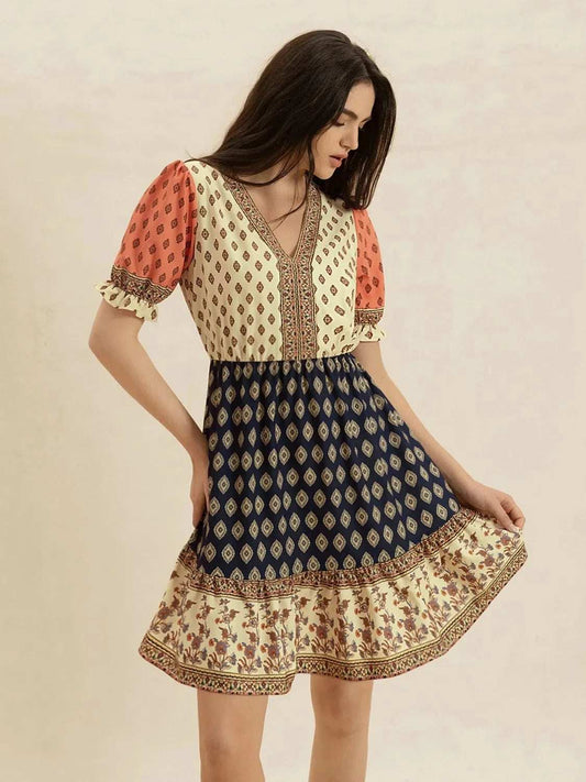 Printed V-Neck Short Sleeve Dress - Trendsi - Flyclothing LLC