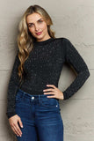 Rhinestone Round Neck Long Sleeve Bodysuit - Trendsi - Flyclothing LLC