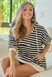BiBi Stripe Fleece Notch Neck Short Sleeve Hoodie - Trendsi - Flyclothing LLC