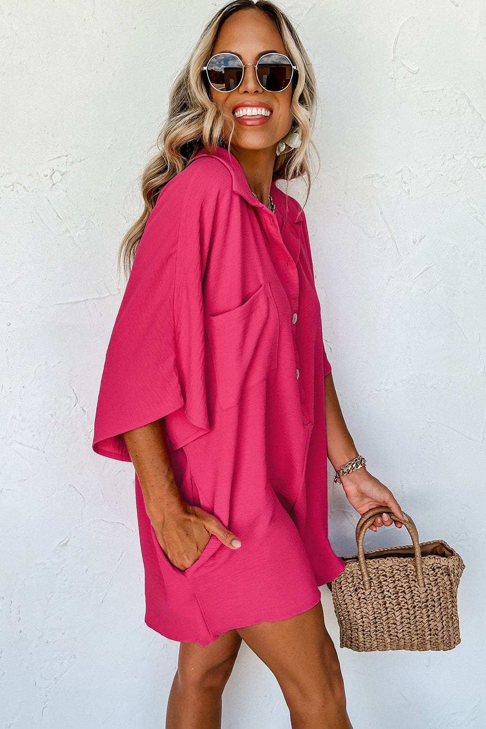 Half Button Collared Neck Romper - Trendsi - Flyclothing LLC