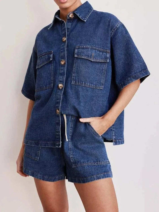Button Up Short Sleeve Top and Shorts Denim Set - Trendsi - Flyclothing LLC