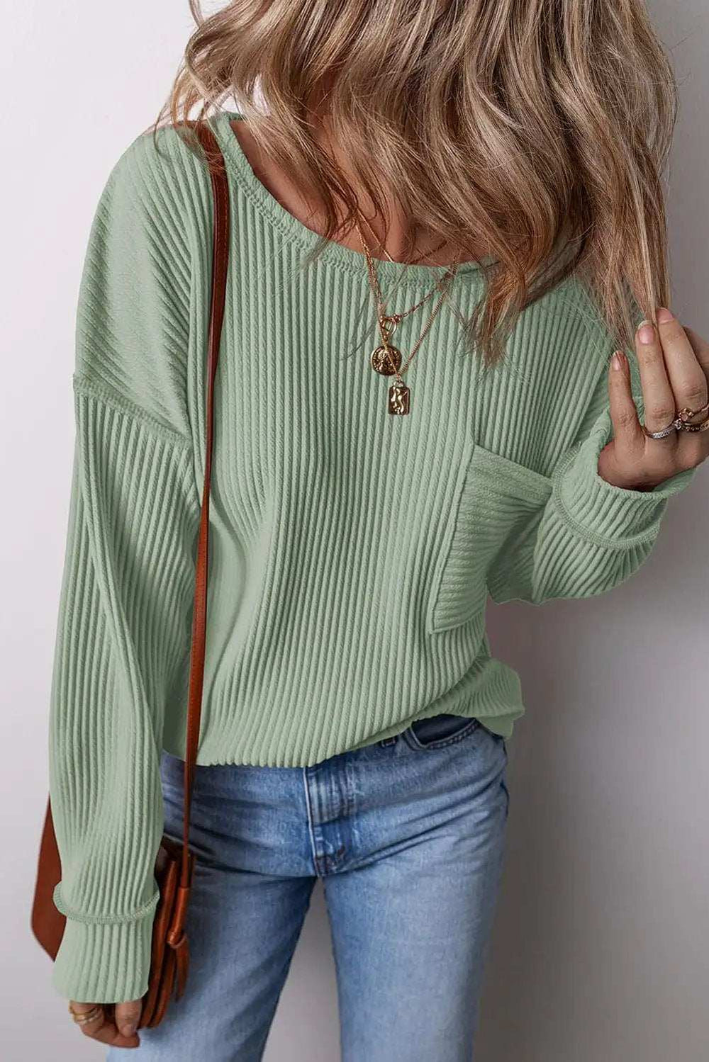 Pocketed Round Neck Long Sleeve Top - Trendsi - Flyclothing LLC