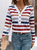 Contrast Striped V-Neck Long Sleeve T-Shirt - Trendsi - Flyclothing LLC