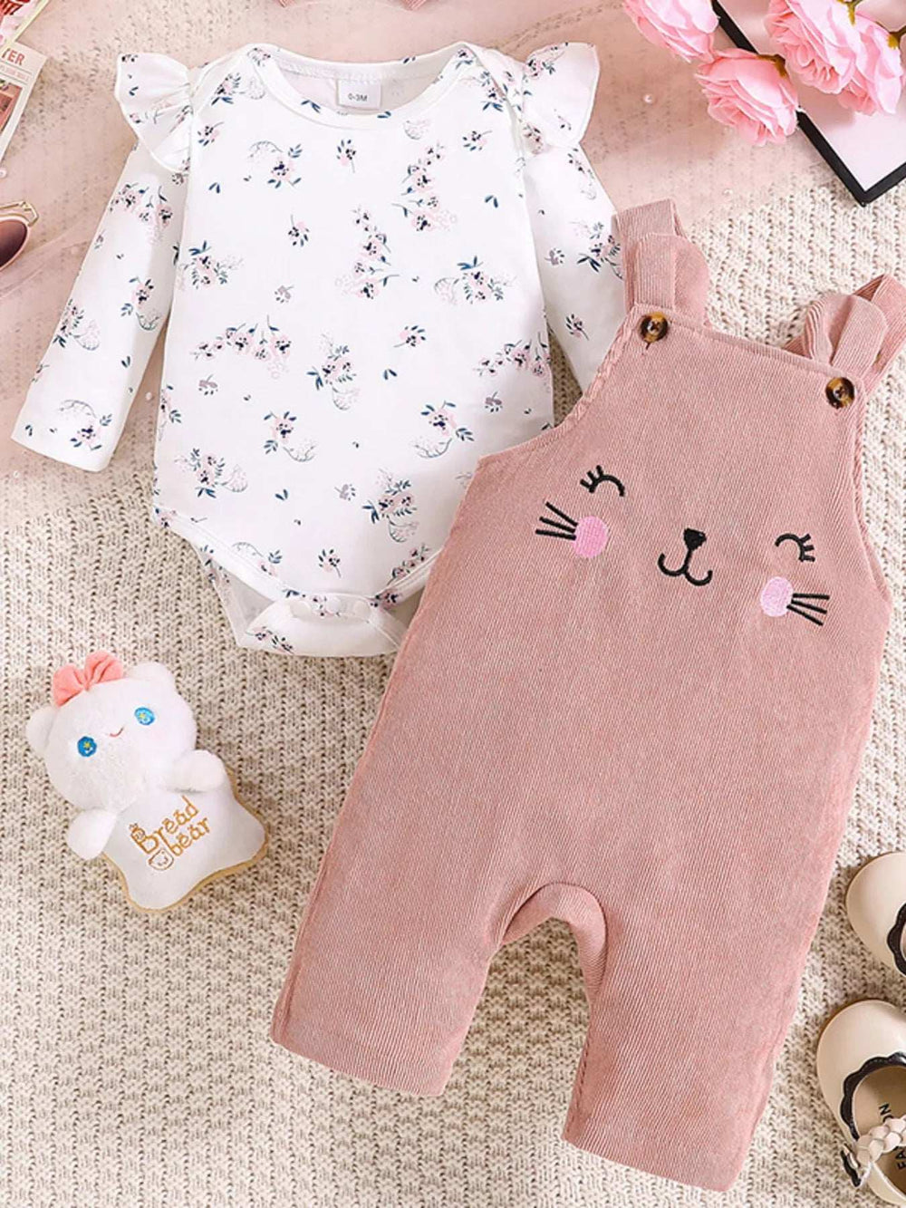 Children's Floral Print Ruffle Trim Top & Corduroy Overalls & Headband Set - Trendsi - Flyclothing LLC