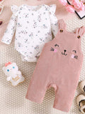 Children's Floral Print Ruffle Trim Top & Corduroy Overalls & Headband Set - Trendsi - Flyclothing LLC