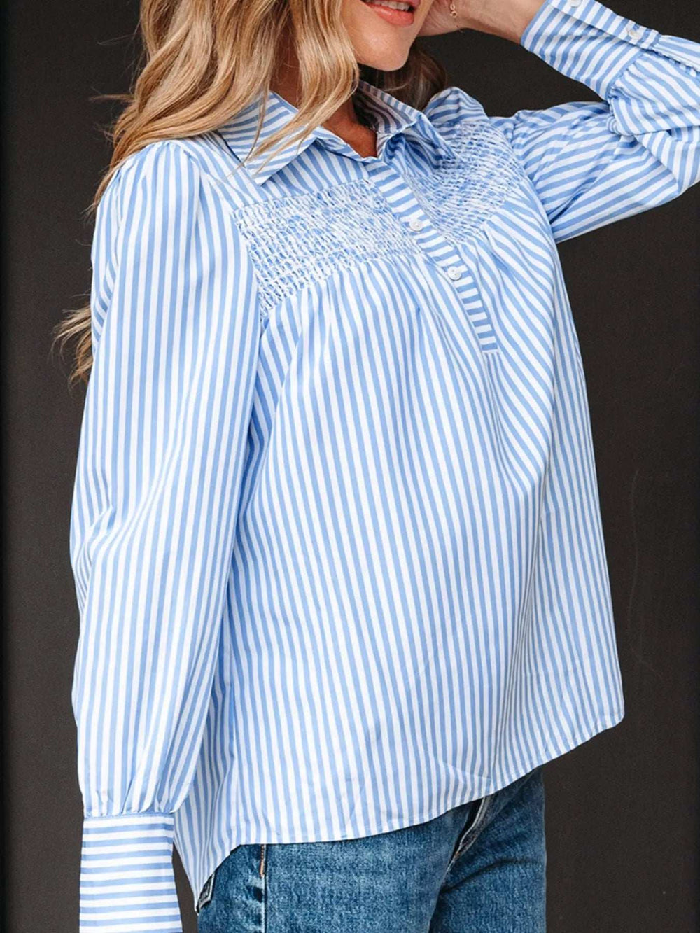 Stripe Shirred Detail Half Placket Collared Long Sleeve Shirt - Trendsi - Flyclothing LLC