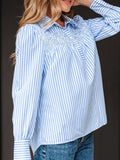 Stripe Shirred Detail Half Placket Collared Long Sleeve Shirt - Trendsi - Flyclothing LLC