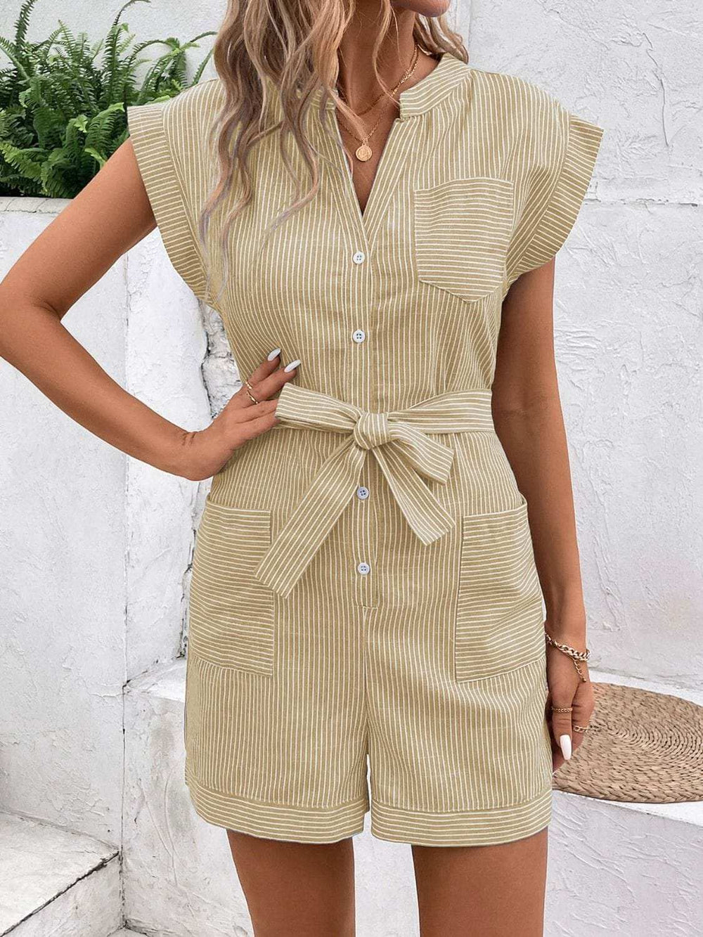 Striped Notched Tie Waist Romper - Trendsi - Flyclothing LLC