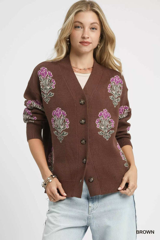 Umgee Single Flower Stem Jacquard Cardigan Sweater - Trendsi - Flyclothing LLC