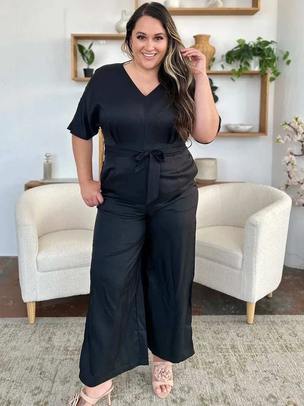 Double Take Full Size V-Neck Tied Side Slit Jumpsuit - Trendsi - Flyclothing LLC