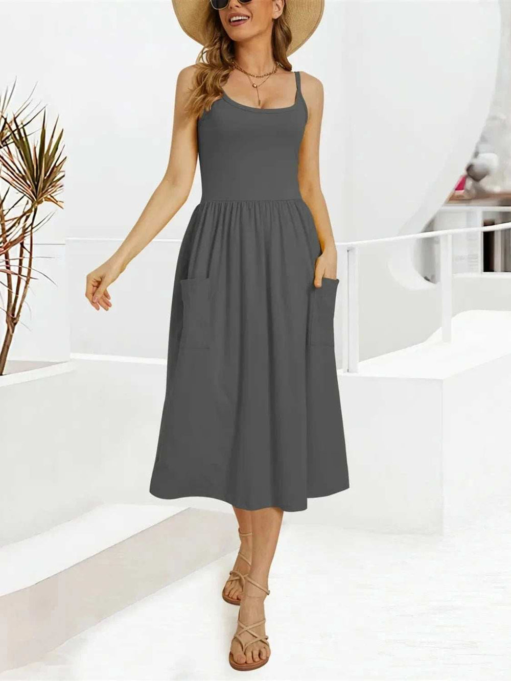 Scoop Neck Midi Dress with Pockets - Trendsi - Flyclothing LLC