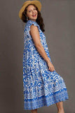 Umgee Full Size Two Tone Border Print Ruffle Cap Sleeve Midi Dress Plus Size - Trendsi - Flyclothing LLC