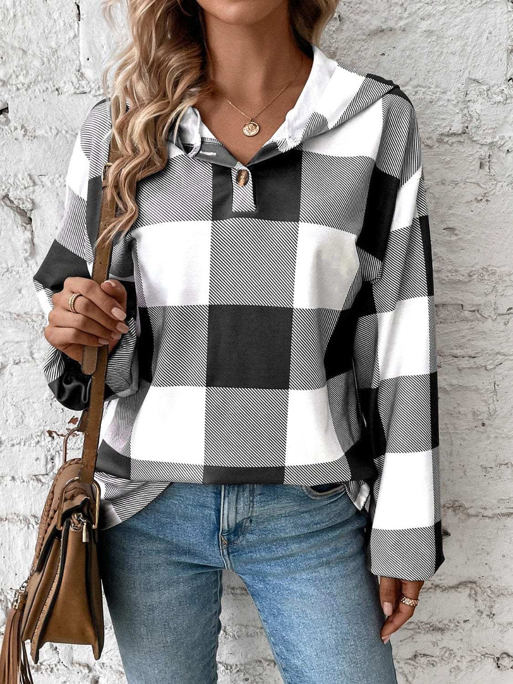 Plaid Dropped Shoulder Long Sleeve Hoodie - Trendsi - Flyclothing LLC