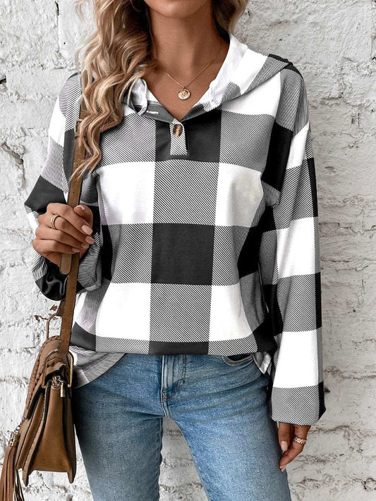 Plaid Dropped Shoulder Long Sleeve Hoodie - Trendsi - Flyclothing LLC