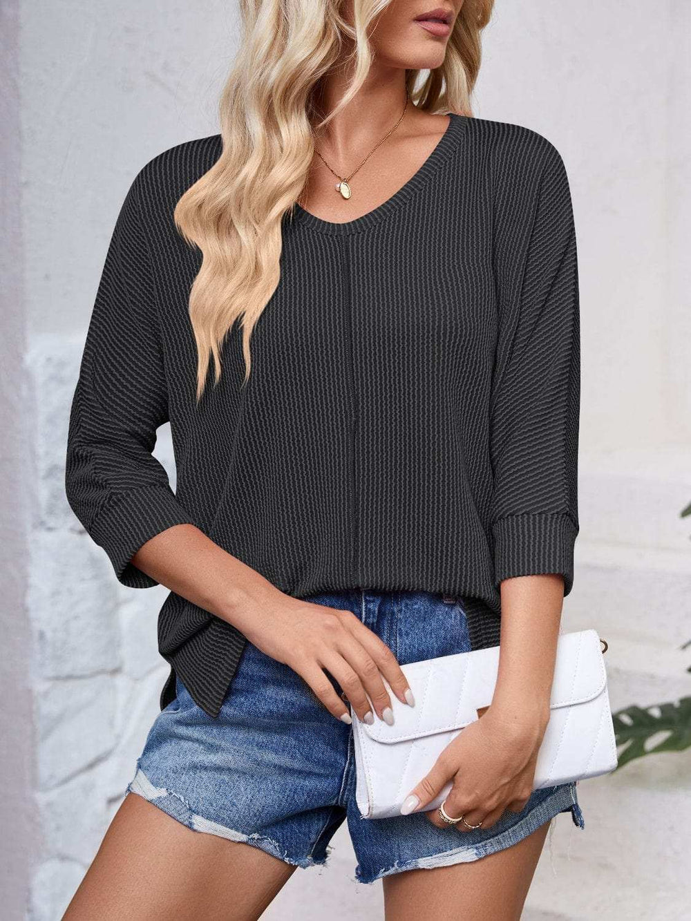 Textured Round Neck Three-Quarter Sleeve Blouse - Trendsi - Flyclothing LLC