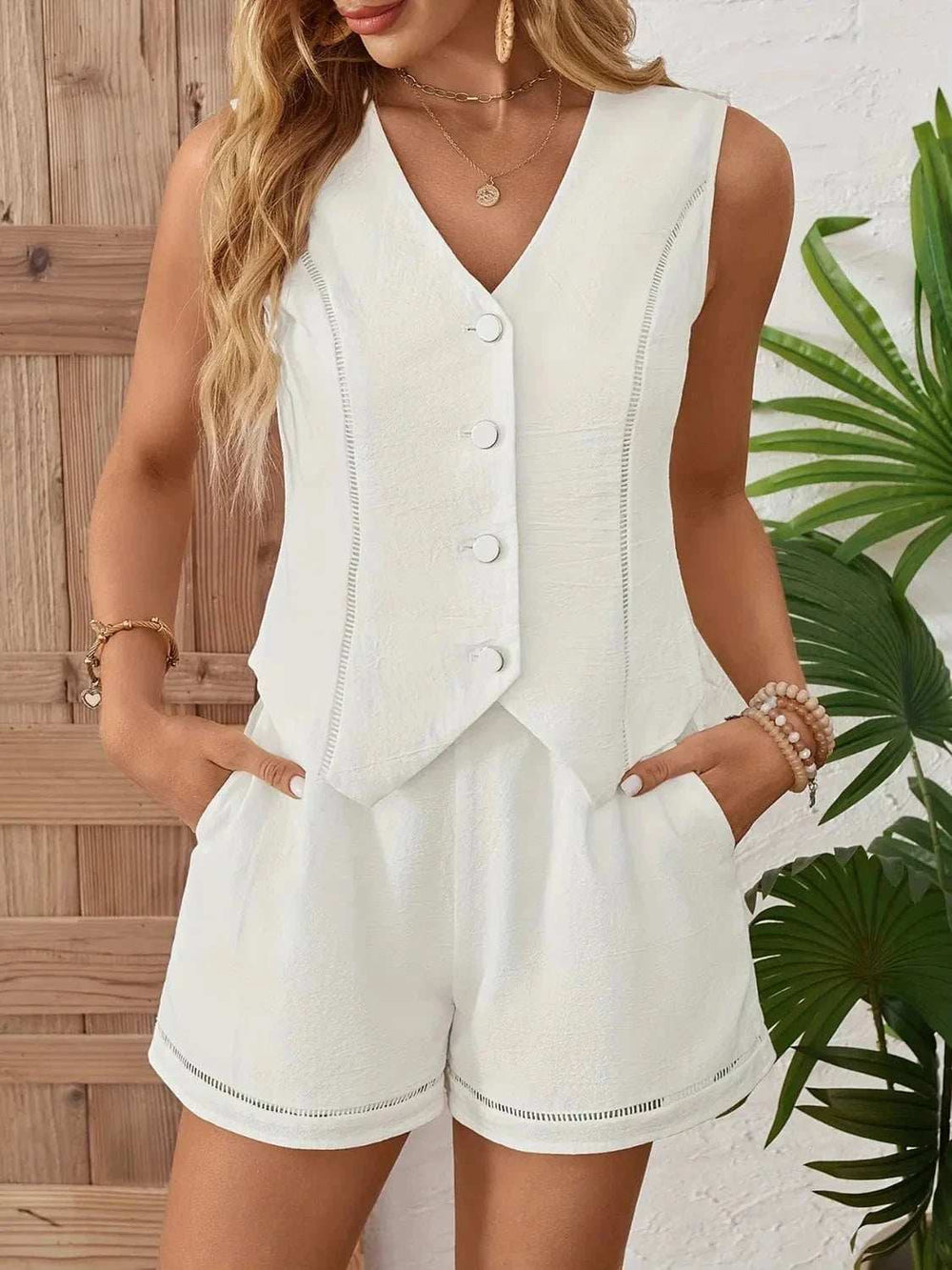 Button Up Vest and Shorts Set - Trendsi - Flyclothing LLC