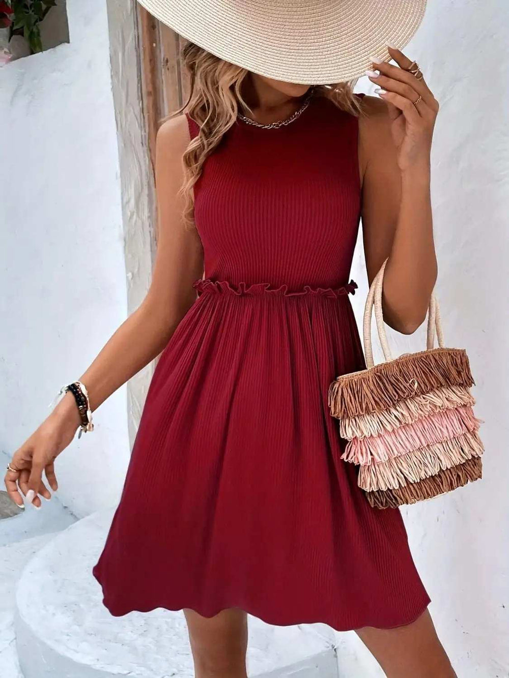 Frill Round Neck Sleeveless Mini Dress - Trendsi - Flyclothing LLC