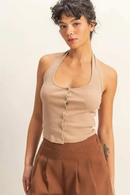 HYFVE Halter Neck Buttoned Washed Top - Trendsi - Flyclothing LLC