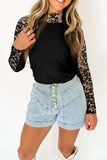Mock Neck Long Sleeve Lace Patchwork T-Shirt - Trendsi - Flyclothing LLC