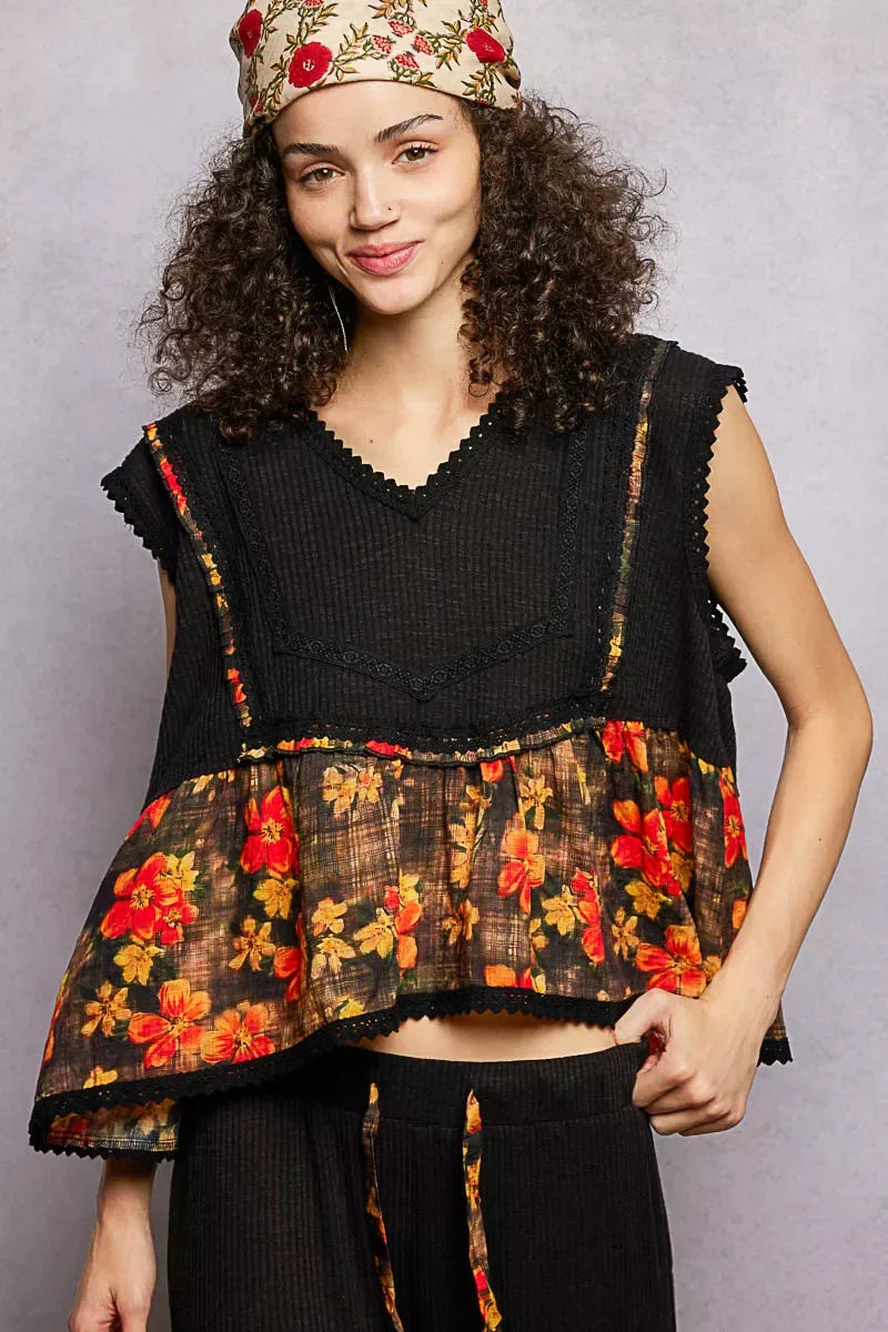 POL Lace Detail Floral Cropped Ruffled Top - Trendsi - Flyclothing LLC
